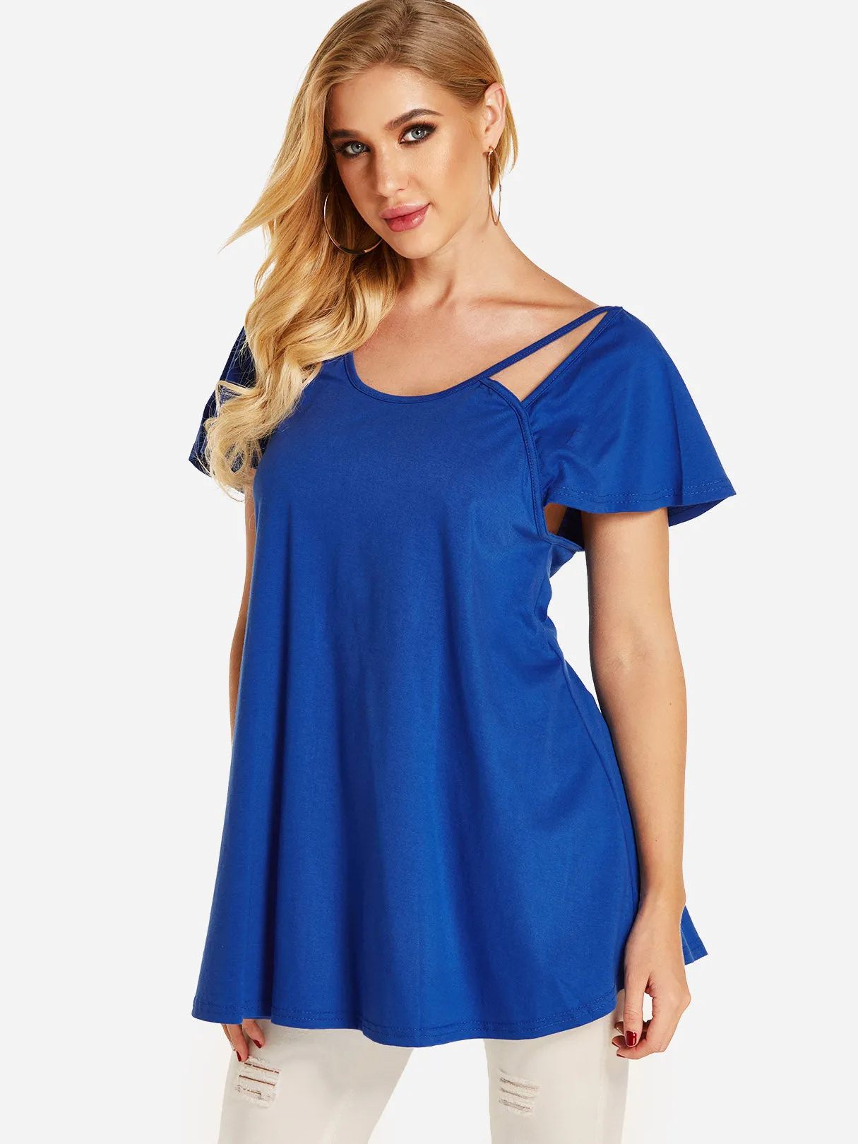 Custom Round Neck Plain Backless Hollow Short Sleeve Irregular Hem T-Shirts