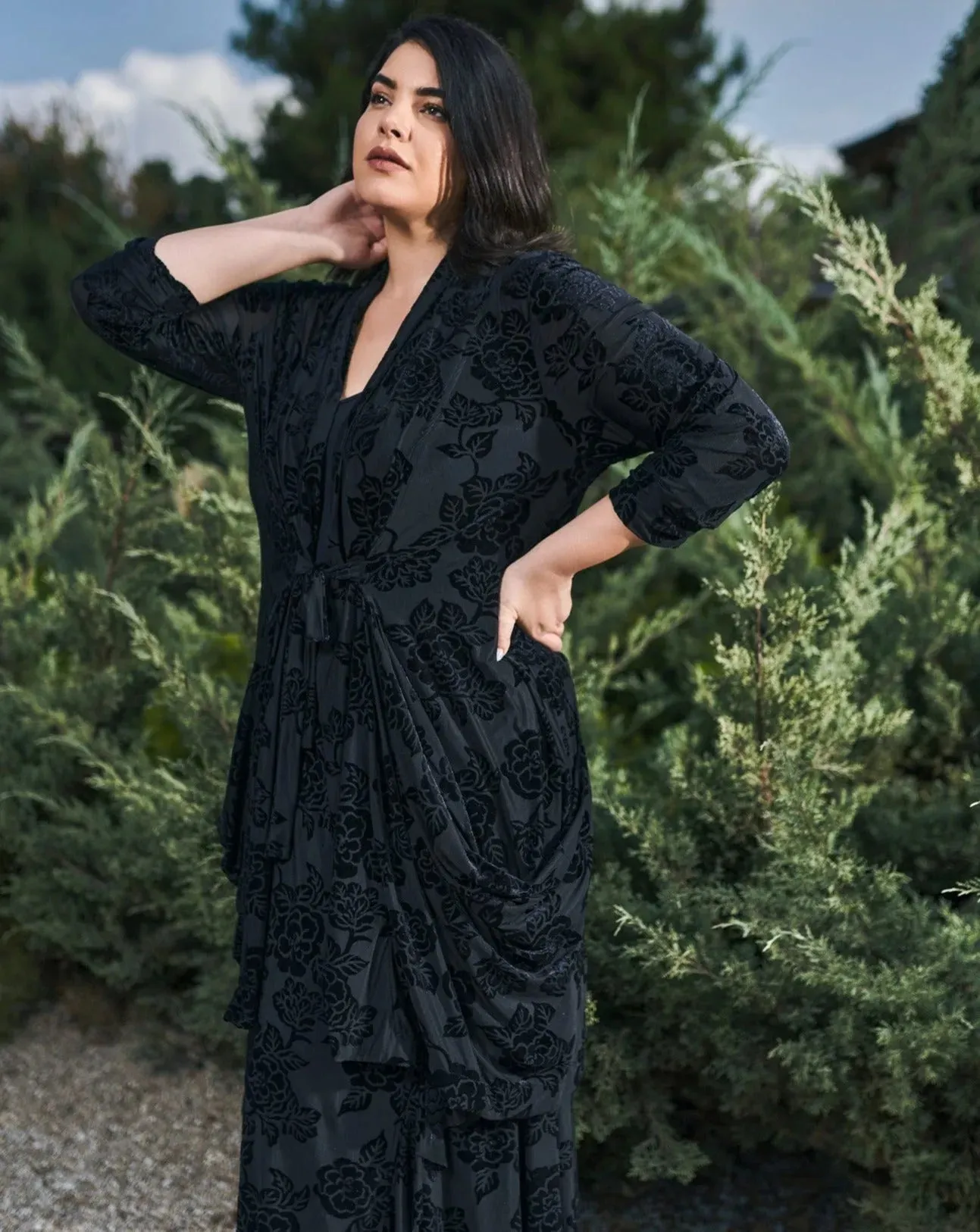Lace Draped Tie-Front Jacket, Black