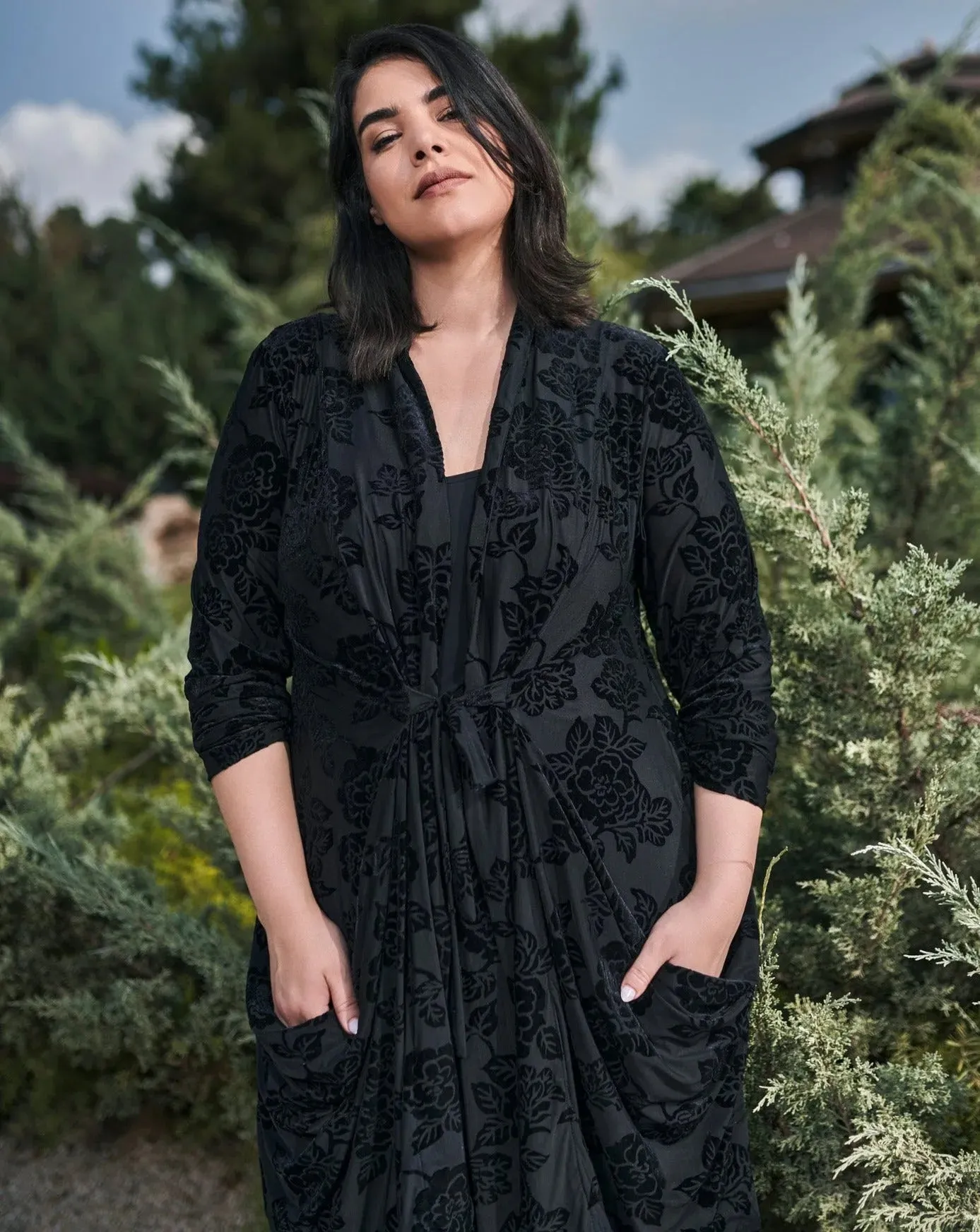 Lace Draped Tie-Front Jacket, Black